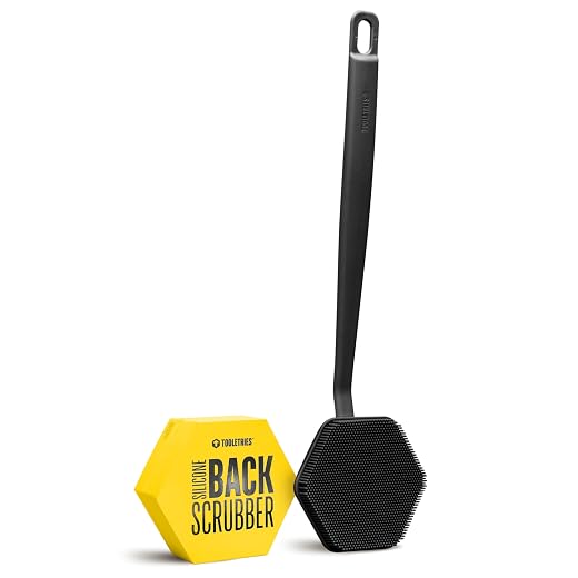 TOOLETRIES Silicone Back Scrubber for Shower, Bath Brush - Charcoal | Long ergonomic handle and non-slip grip make exfoliating hard-to-reach areas simple and comfortable.