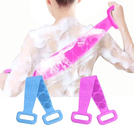 Back Scrubber for Shower,2 Pcs Silicone Back Scrubber for Shower, Silicone Exfoliating Bath Body Brush with Handle for Mens and Womens (Blue/Purple)