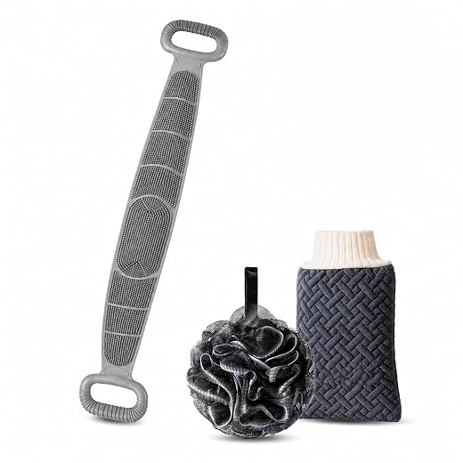 Silicone Back Scrubber for Shower,1 Pack 36" Extra Long Body Scrubber | Dual Sided Exfoliating Bath Scrubber with Bath Puff,BPA-Free,Long Handle for Back,Shoulders & Feet,Men Women Seniors