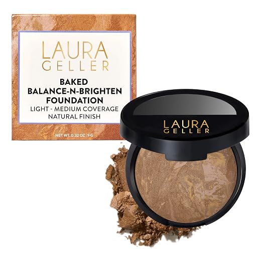 LAURA GELLER NEW YORK Award-Winning Baked Balance-n-Brighten Color Correcting Powder Foundation - Sand - Buildable Light to Medium Coverage - Demi-Matte Natural Finish