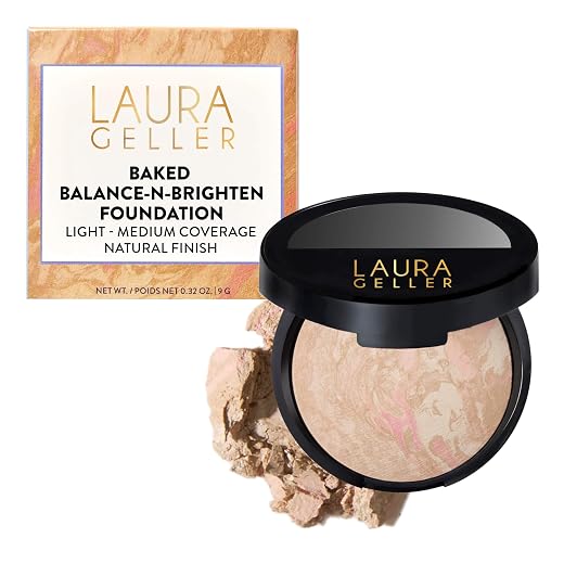 LAURA GELLER NEW YORK Award-Winning Baked Balance-n-Brighten Color Correcting Powder Foundation - Porcelain - Buildable Light to Medium Coverage - Demi-Matte Natural Finish