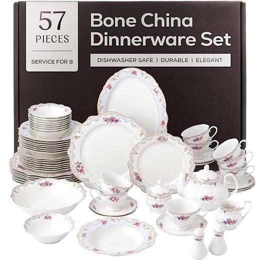 Joseph Sedgh Collection Romantic Bloom Bone China Dinnerware Set, 57-Piece | Service for 8, Premium Ash Bone China, Dishwasher Safe