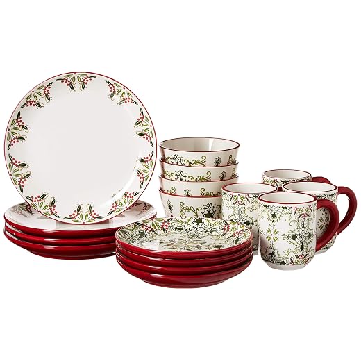 American Atelier 16-Piece Christmas-Themed Stoneware Dinnerware Set - Green