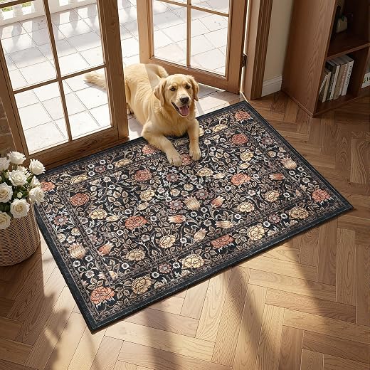 GarveeHome Brown Vintage Floral Small Rug 2x3 Door Mat Indoor Rugs for Entryway Washable Non-Slip TPE Backing Soft Low-Pile Rugs for Bathroom Bedroom Kitchen Entrance