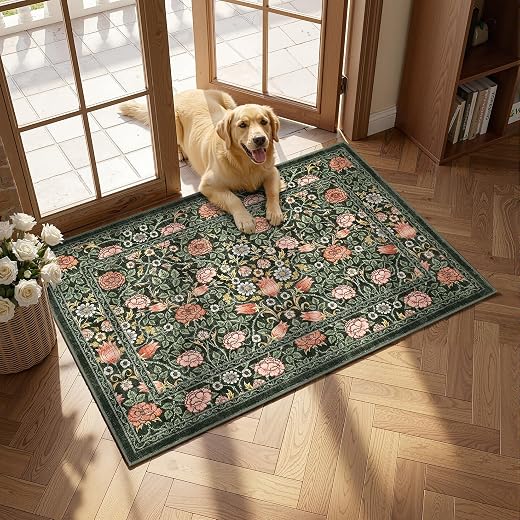 GarveeHome Dark Green Vintage Floral Small Rug 2x3 Door Mat Indoor Rugs for Entryway Washable Non-Slip TPE Backing Soft Low-Pile Rugs for Bathroom Bedroom Kitchen Entrance