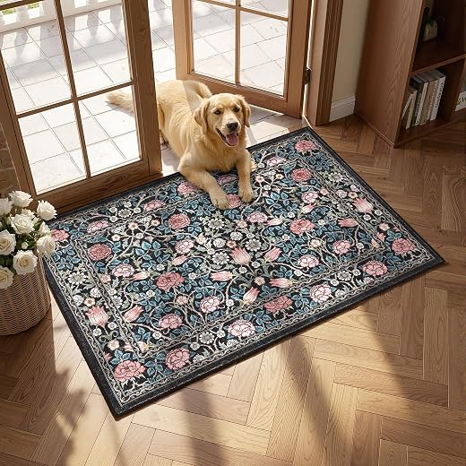 GarveeHome Indigo Blue and Pink Vintage Floral Small Rug 2x3 Door Mat Indoor Rugs for Entryway Washable Non-Slip TPE Backing Soft Low-Pile Rugs for Bathroom Bedroom Kitchen
