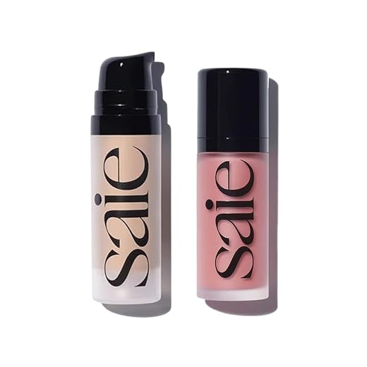 Saie Dewy Glow Duo - Dew Liquid Blush Lady (.40 oz), Mini Glowy Super Gel Warmglow (.5 oz) - Radiant Cheek Tint & Illuminating Primer for a Natural, Lit-From-Within Finish