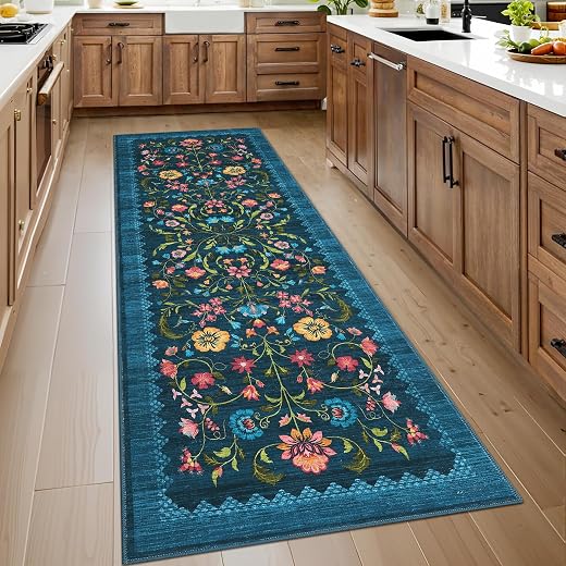 GarveeHome Floral Rug 2x6 Runners for Hallways, Boho Kitchen Runner Rugs Non Slip Bath Runners, Vintage Washable Runner Rug for Bedroom, Soft Long Rugs for Entryway Bathroom Laundry Dorm, Blue