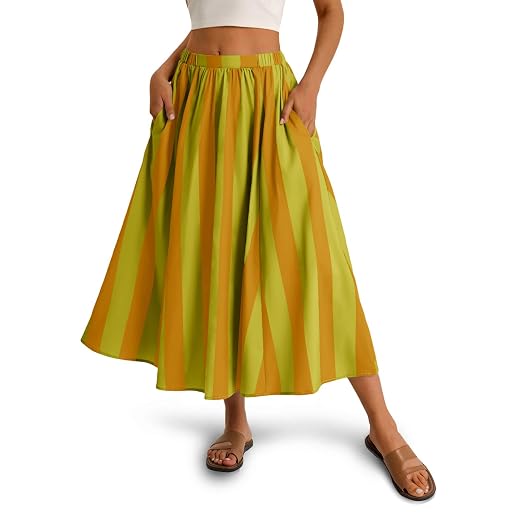 Cicy Bell Womens Summer Striped Maxi Skirts A-Line Elastic Waist Flowy Skirt Beach Vacation Outfits