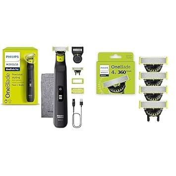 Philips Norelco OneBlade 360 Pro Hybrid Face & Body Electric Trimmer, QP6542/70 with Philips Norelco OneBlade 360 Replacement Blades, 4 Pack, QP440/80 - Precise Control, Long-Lasting Blades