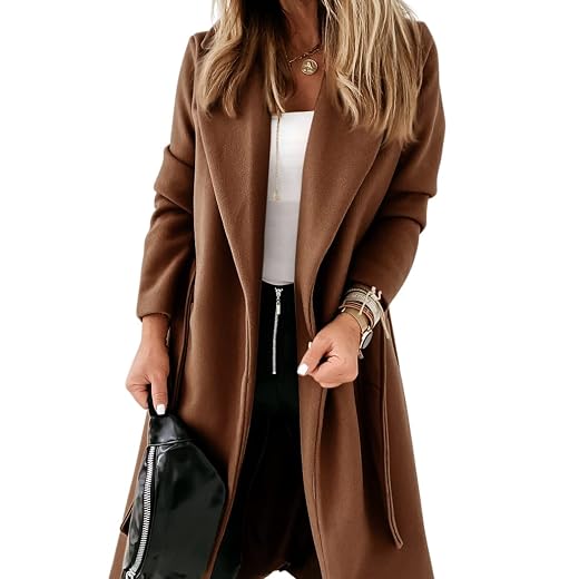 Womens Classic Coat Lapel Collar Open Front Belted Long Jacket
