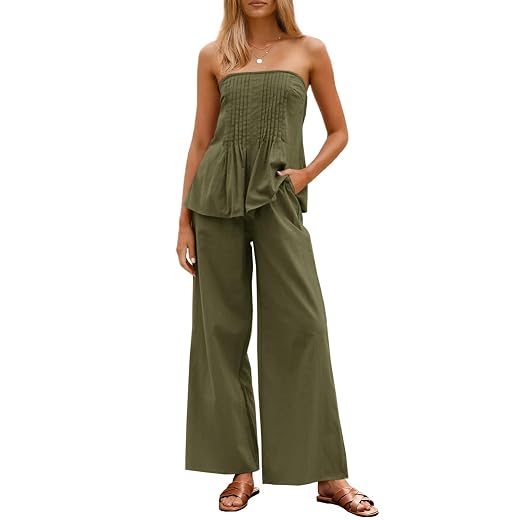Tankaneo Womens 2 Piece Outfits Summer Strapless Tube Tops Wide Leg Pants Cotton Vacation Pleated Matching Lounge Set