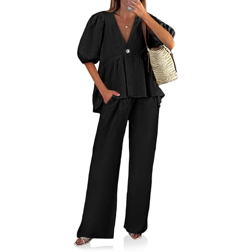 Tankaneo Womens 2 Piece Linen Sets Summer Vacation Outfits V Neck Puff Sleeve Babydoll Tops Wide Leg Pants Matching Sets