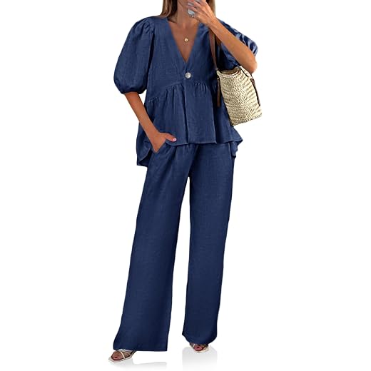 Tankaneo Womens 2 Piece Linen Sets Summer Vacation Outfits V Neck Puff Sleeve Babydoll Tops Wide Leg Pants Matching Sets