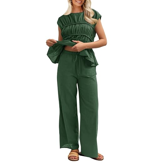 Tankaneo Womens 2 Piece Sets Summer Linen Babydoll Peplum Pleated Tank Top Pants Set Cotton Travel Vacation Outfits
