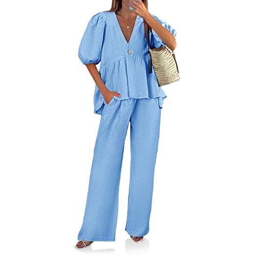 Tankaneo Womens 2 Piece Linen Sets Summer Vacation Outfits V Neck Puff Sleeve Babydoll Tops Wide Leg Pants Matching Sets