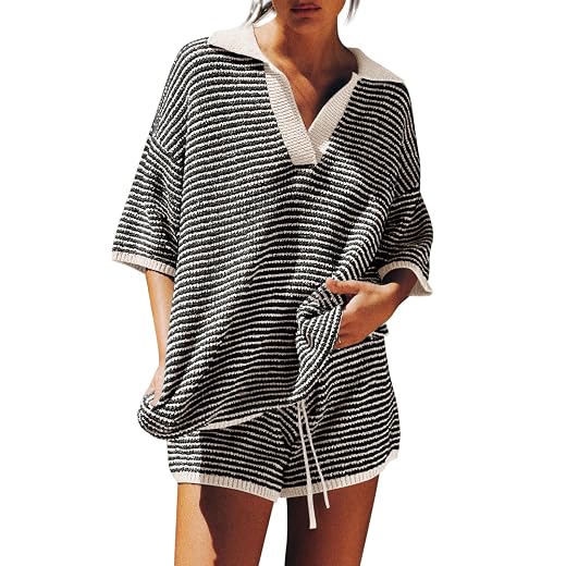 Tankaneo Womens Sweater Set 2 Piece Outfits Oversized 3/4 Sleeve V Neck Knit Tops High Waisted Shorts Lounge Sets