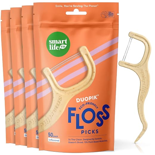 SmartLifeco Eco-Friendly Dual-Thread Dental Floss Picks (200ct) - Flossers Made with Straw Wheat Blend, Superior Anti-Shred for Tight Gaps, Tooth Pick Stick for Adults, Soft on Gum & Teeth, Unflavored