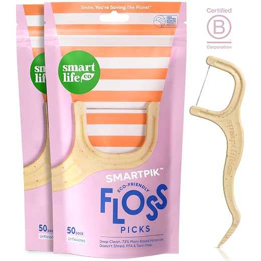 SmartLifeco Eco-Friendly Dental Floss Picks (100ct) - Flossers Made With Straw Wheat Blend, Strong Anti-Shred Thread For Tight Gaps, Tooth Pick Stick For Adults, Soft on Gum & Teeth, Vegan, Unflavored