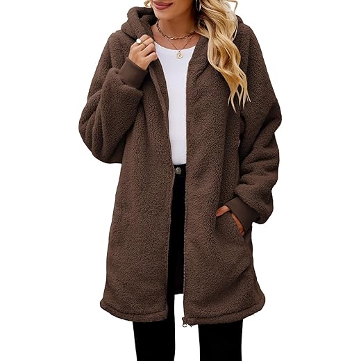 ReachMe Womens Fleece Zip Up Jacket with Pockets Oversized Long Sherpa Hoodie Fuzzy Jackets Warm Teddy Coat