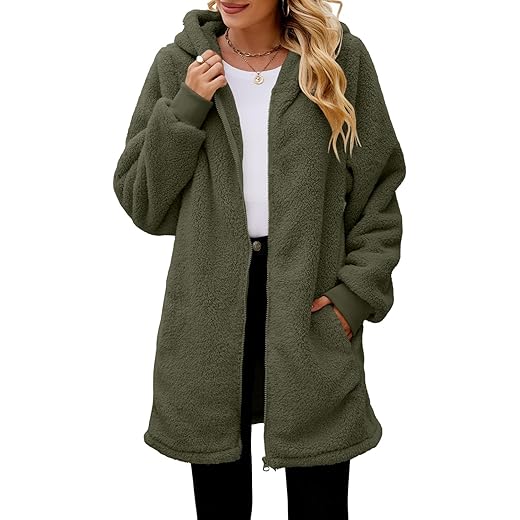 ReachMe Womens Fleece Zip Up Jacket with Pockets Oversized Long Sherpa Hoodie Fuzzy Jackets Warm Teddy Coat