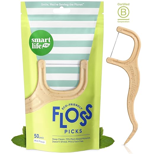 SmartLifeco Eco-Friendly Dental Floss Picks (50ct) - Flossers Made with Straw Wheat, Superior Anti-Shred Thread for Tight Gaps, Tooth Pick Stick for Adults, Soft on Gum & Teeth, Vegan, Mint