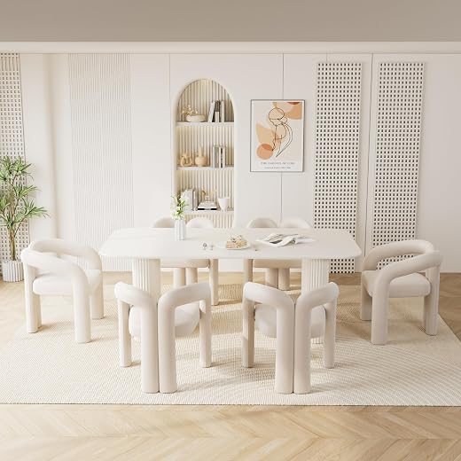 RGZ 7-Piece Oval Dining Table Set for 6, Modern White Rectangle Kitchen Table with 6 Beige Velvet Upholstered Barrel Side Armchairs, Dining Table and Chairs Set for Dining, Kitchen, Living