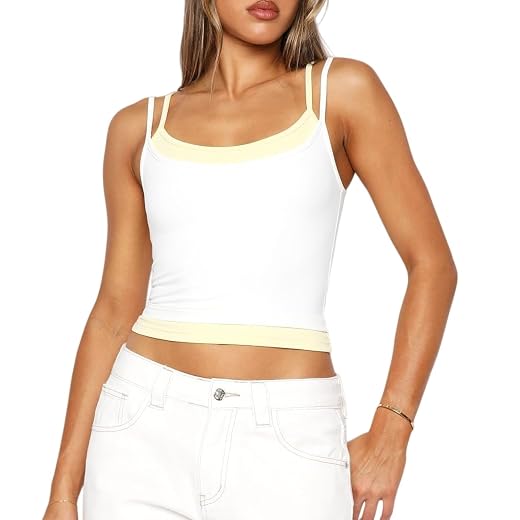 Women Double Layered Tank Tops Spaghetti Strap Yoga Workout Tops Camis Casual Going Out Cropped Top