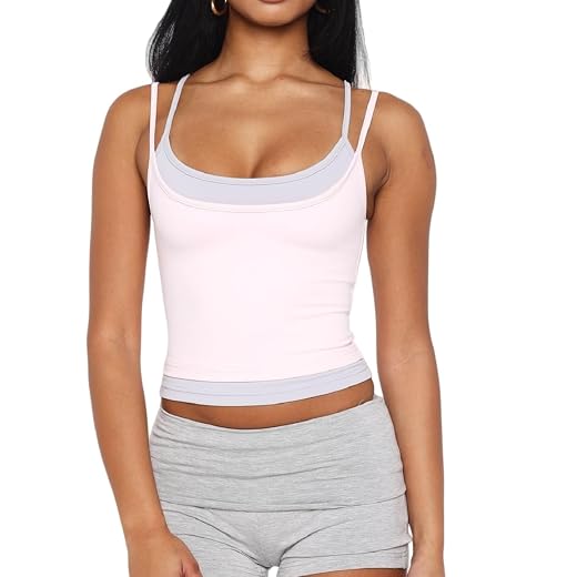 Women Double Layered Tank Tops Spaghetti Strap Yoga Workout Tops Camis Casual Going Out Cropped Top