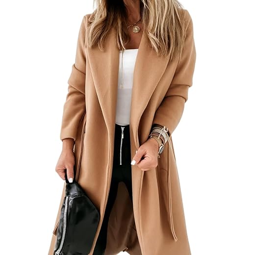 Womens Classic Coat Lapel Collar Open Front Belted Long Jacket