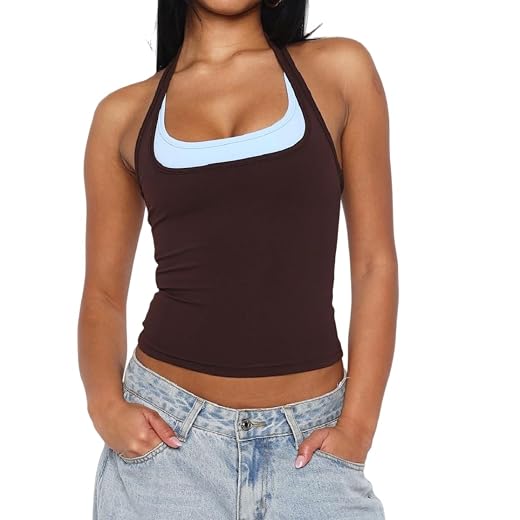 Women Double Layered Tank Tops Spaghetti Strap Yoga Workout Tops Camis Casual Going Out Cropped Top