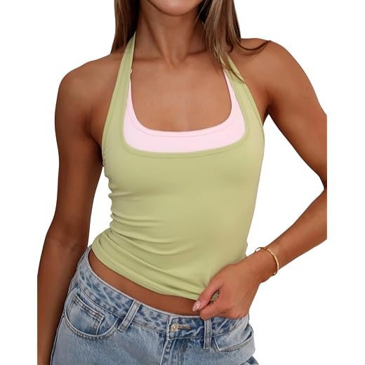 Women Double Layered Tank Tops Spaghetti Strap Yoga Workout Tops Camis Casual Going Out Cropped Top