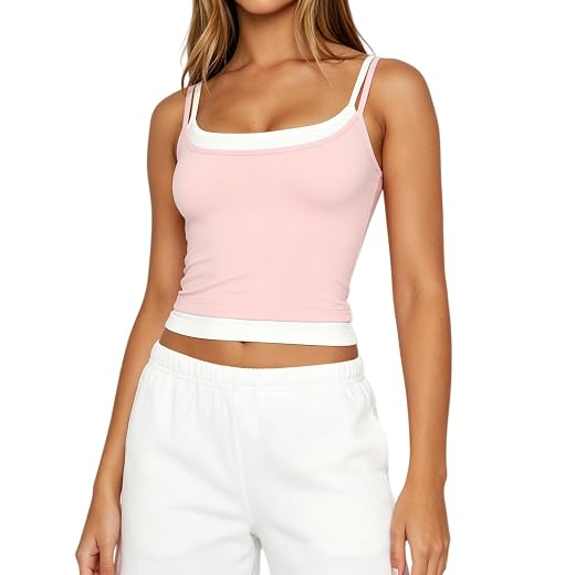 Women Double Layered Tank Tops Spaghetti Strap Yoga Workout Tops Camis Casual Going Out Cropped Top