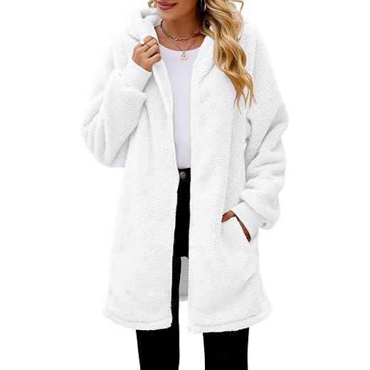 ReachMe Womens Fleece Zip Up Jacket with Pockets Oversized Long Sherpa Hoodie Fuzzy Jackets Warm Teddy Coat