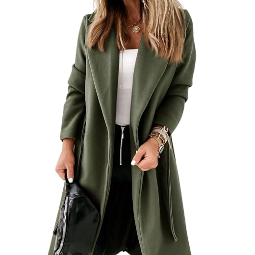 Womens Classic Coat Lapel Collar Open Front Belted Long Jacket
