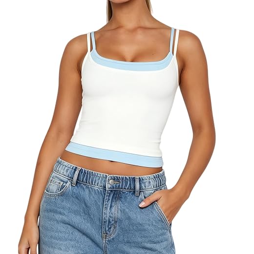Women Double Layered Tank Tops Spaghetti Strap Yoga Workout Tops Camis Casual Going Out Cropped Top