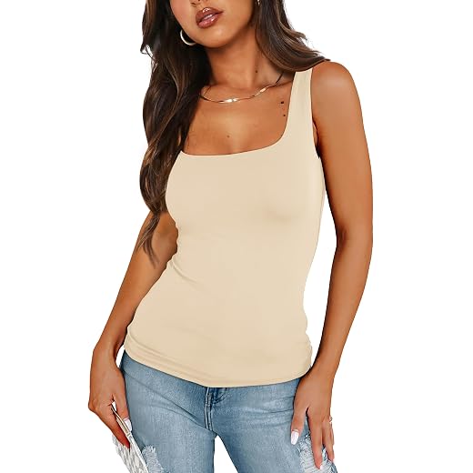 XIEERDUO Womens Square Neck Fitted Tank Tops Double Layer Seamless Slim Fit Shirts 2025 Basic Spring Summer