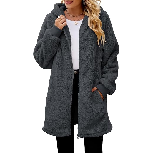 ReachMe Womens Fleece Zip Up Jacket with Pockets Oversized Long Sherpa Hoodie Fuzzy Jackets Warm Teddy Coat