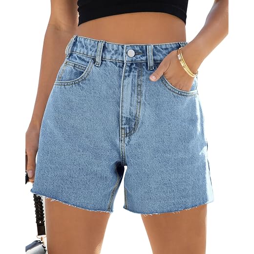 PLNOTME Womens Jean Shorts High Waisted Straight Leg Stretchy Raw Hem Mom Denim Shorts