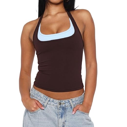 Women Double Layered Tank Tops Spaghetti Strap Yoga Workout Tops Camis Casual Going Out Cropped Top