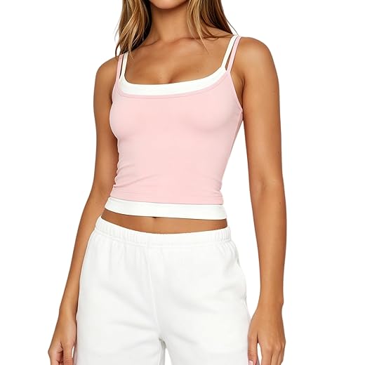 Women Double Layered Tank Tops Spaghetti Strap Yoga Workout Tops Camis Casual Going Out Cropped Top