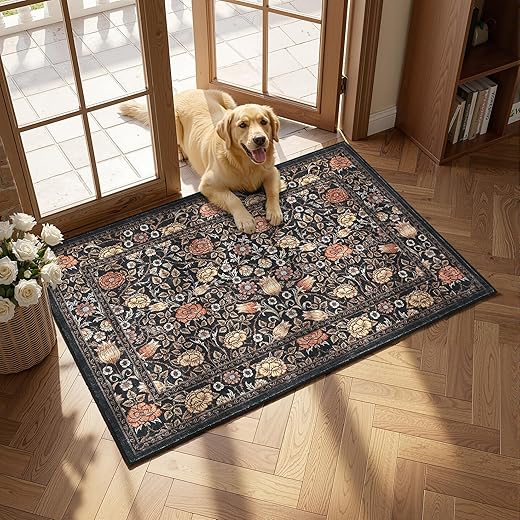 GarveeHome Brown Vintage Floral Small Rug 2x3 Door Mat Indoor Rugs for Entryway Washable Non-Slip TPE Backing Soft Low-Pile Rugs for Bathroom Bedroom Kitchen Entrance