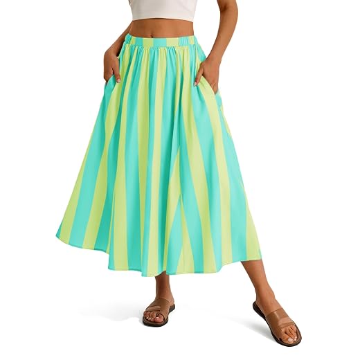Cicy Bell Womens Summer Striped Maxi Skirts A-Line Elastic Waist Flowy Skirt Beach Vacation Outfits