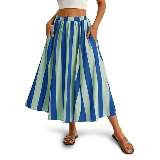 Cicy Bell Womens Summer Striped Maxi Skirts A-Line Elastic Waist Flowy Skirt Beach Vacation Outfits