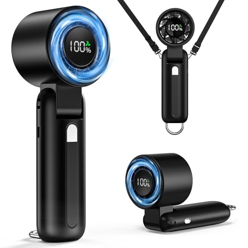 2025 Turbo Handheld Fan -100-Speed Adjustable Mini Fan w/ LED Display, 5000mAh Battery, 7-Blade High-Speed Cooling for Travel, Office, Neck & Camping - Compact, Foldable & Carabiner Clip (Black)