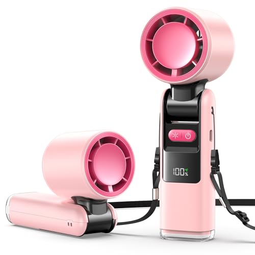 Fshyos Portable Handheld Turbo Fan, Portable Mini Fan 6000mAh Rechargeable, 24 Hrs Cooling Time,High-Power Motor, 5 Gear Wind,LED Display,Portable Foldable Design for Travel,Outdoor, Working (Pink)
