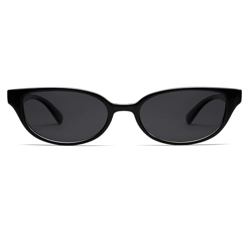 VANLINKER Retro Semi Oval Polarized Sunglasses for Women Men Trendy Small 90s Style Vintage Narrow Rectangle Frame VL9833, Black Grey