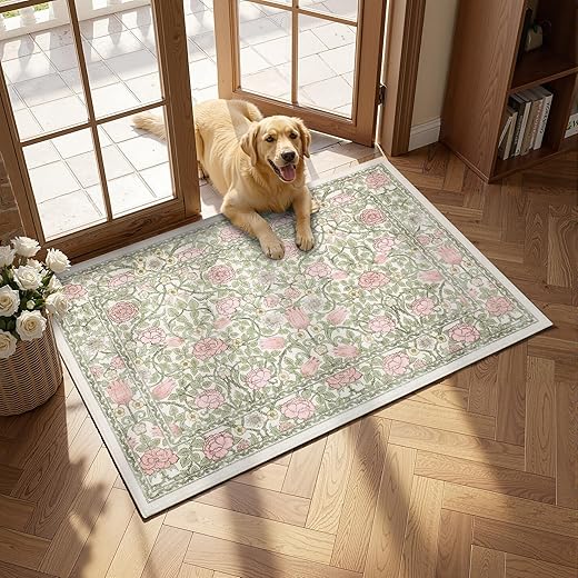 GarveeHome Pink and Green Beige Vintage Floral Small Rug 2x3 Door Mat Indoor Rugs for Entryway Washable Non-Slip TPE Backing Soft Low-Pile Rugs for Bathroom Bedroom Kitchen